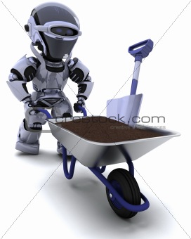 robot gardener with a wheel barrow carrying soil