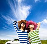 happy young woman enjoy vacation  on road trip