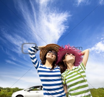 happy young woman enjoy vacation  on road trip