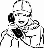 sketch of a boy wearing a cap with the handset