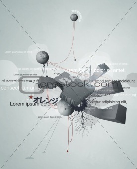 abstract design with wires, debris, and text