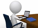 3D business man on his desk with laptop - isolated over a white 