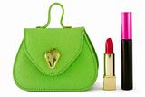 Green bag, red lipstick, black mascara