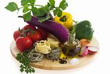 Pasta ingredients (paglia(round pasta), tomato, eggplant, bell pepper, salt, pepper, onion, garlic, olive oil, celery)