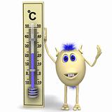 Haired happy puppet standing near big thermometer