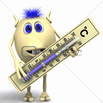 Haired puppet holding big plastic thermometer