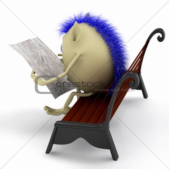 Look on puppet reading newspaper on bench
