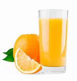 Orange and half with leaves and juice