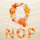 Vector sea life font on sand background.