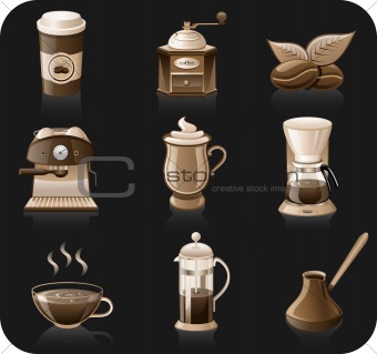 Coffee black background icon set.  