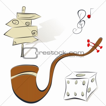 Set of illustrations sign, tobacco pipe, dice