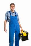Confident service man standing with toolbox