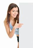 Fitness woman presenting empty placard