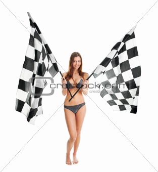 Beautilful girl waving racing flags