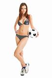 Beautilful woman in bikini posing with soccer ball