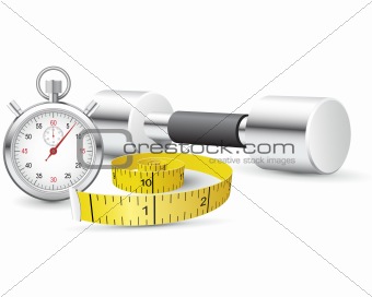 Stopwatch, measuring tape and dumbbells