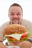 Man happy with the size of his hamburger