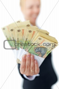 Woman holding stacks of romanian currency