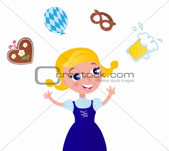 Cute Octoberfest Girl in traditional Clothes juggling with icons