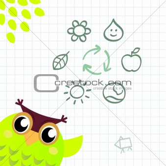 Recycle Owl with ecology and nature icons set
