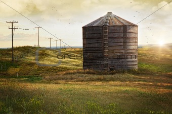 Abandoned wood grain storage bin in Saskatchewan