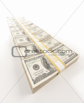 Fading Row of Stacks of Hundred Dollar Bills Isolated on a White Background.