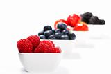raspberries in front of wild berries in bowls