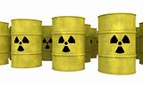 rows of yellow nuclear waste barrel