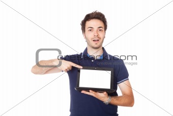 Man Holding Netbook with Blank Screen