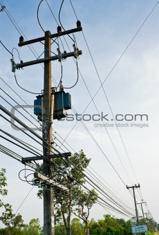 Transformer and electric line in rural of Thailand