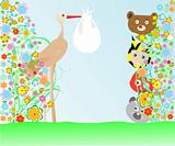 cartoon animals and baby viewing stork with bag wallpaper