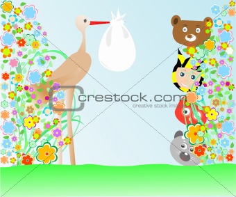 cartoon animals and baby viewing stork with bag wallpaper