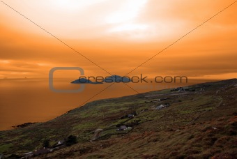 scarriff island view with red sky