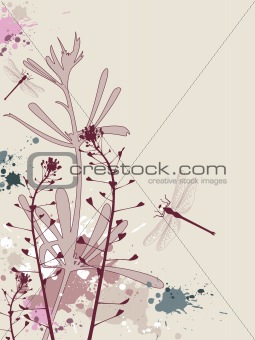 Grunge background with flowers and dragonfly