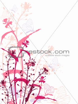 Grunge background with flowers and butterflies
