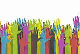 Colorful group of raised hands with clipping path