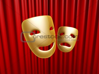comedy and tragedy masks over red curtain