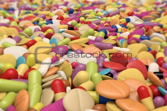 close-up view of thousand different drugs and pills