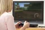 Young Woman Playing With Game Console