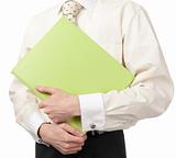 businessman holding green folder