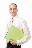 portrait of a young happy business man holding a folder