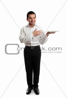 Waiter or servant holding a white plate