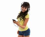 Happy girl using a music player