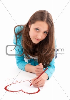 young woman draws a pencil on a white floor