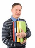 man with heap of folders looking at camera