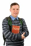 Young man carrying a backpack and holding a book