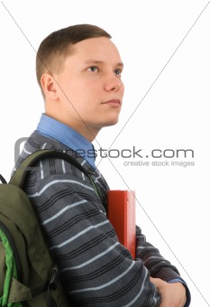 young male student carries backpack