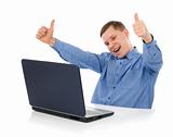 happy man with laptop