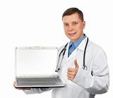 Doctor holding his laptop and showing thumb up sign