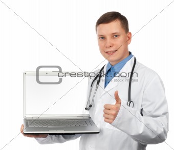 Doctor holding his laptop and showing thumb up sign